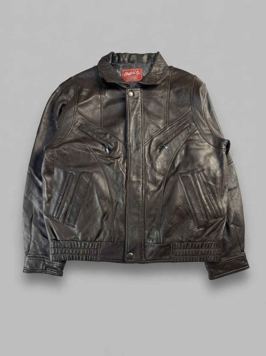 Brown leather vintage jacket, size XL, shown flat from the front. Quilted waistband.