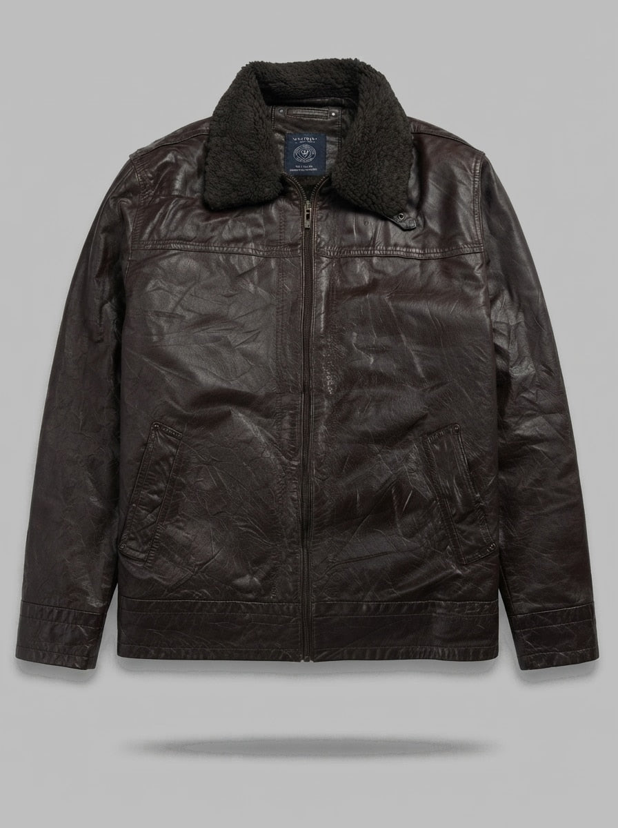 Brown leather vintage jacket, size XXL, shown flat from the front. Shearling collar.