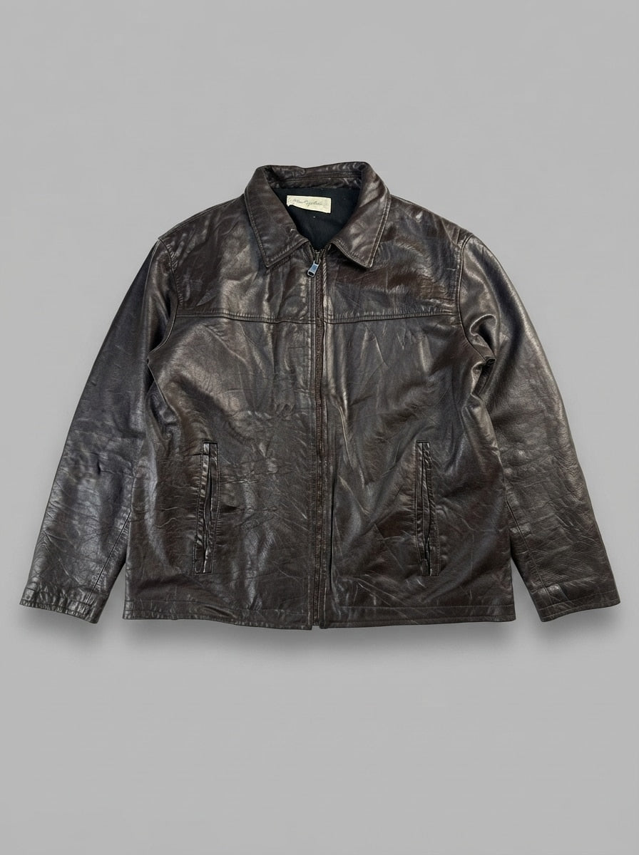 Brown leather vintage jacket, size XL, shown flat from the front. Tan cotton lined.