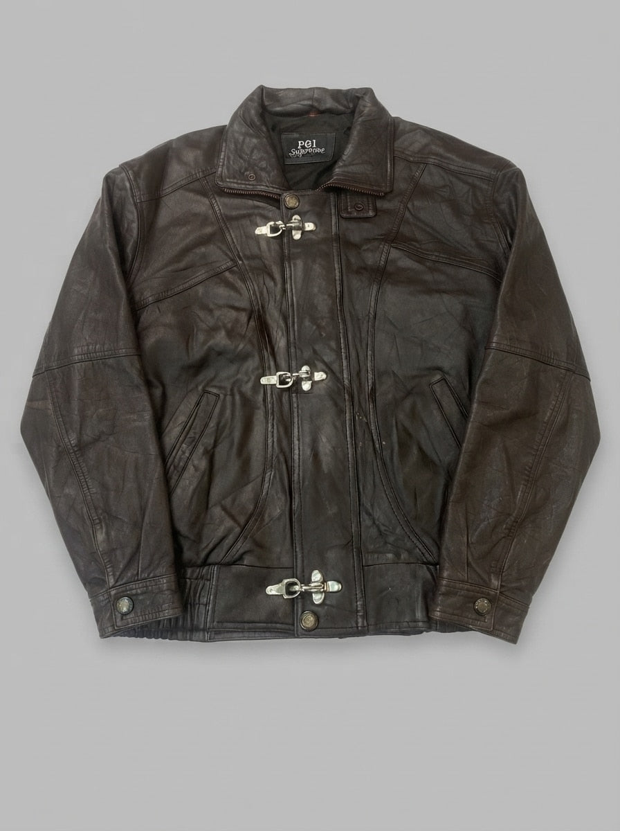 Brown leather vintage jacket, size L, shown flat from the front. Three toggle clasps.