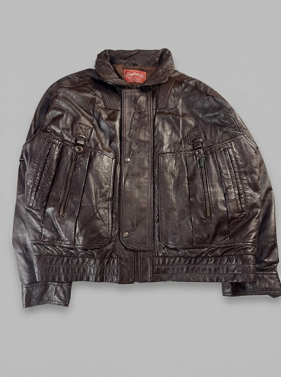 Brown leather vintage jacket, size XL, shown flat from the front. Throat latch collar.