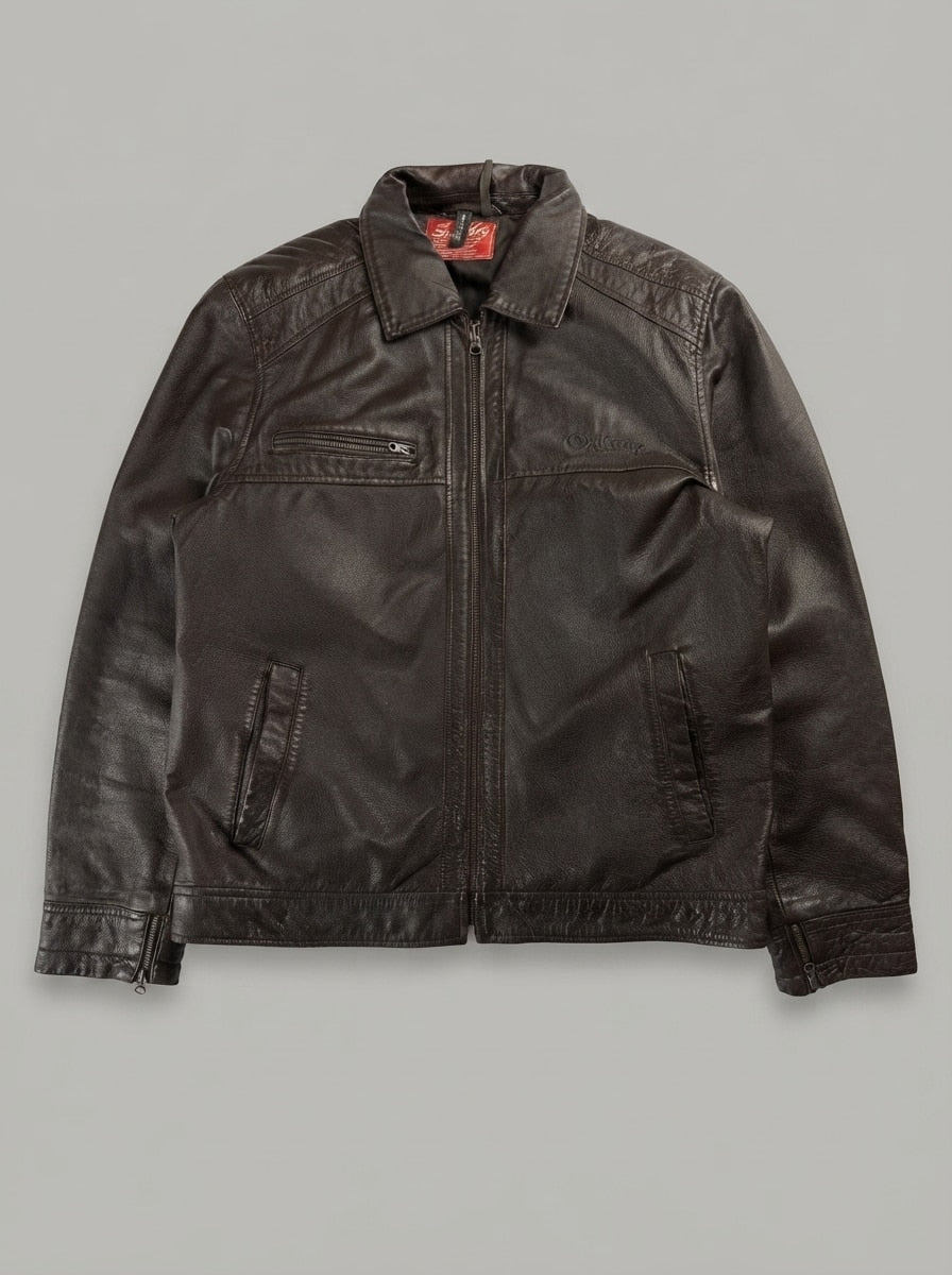 Brown leather vintage jacket, size L, shown flat from the front. Zipped cuffs.