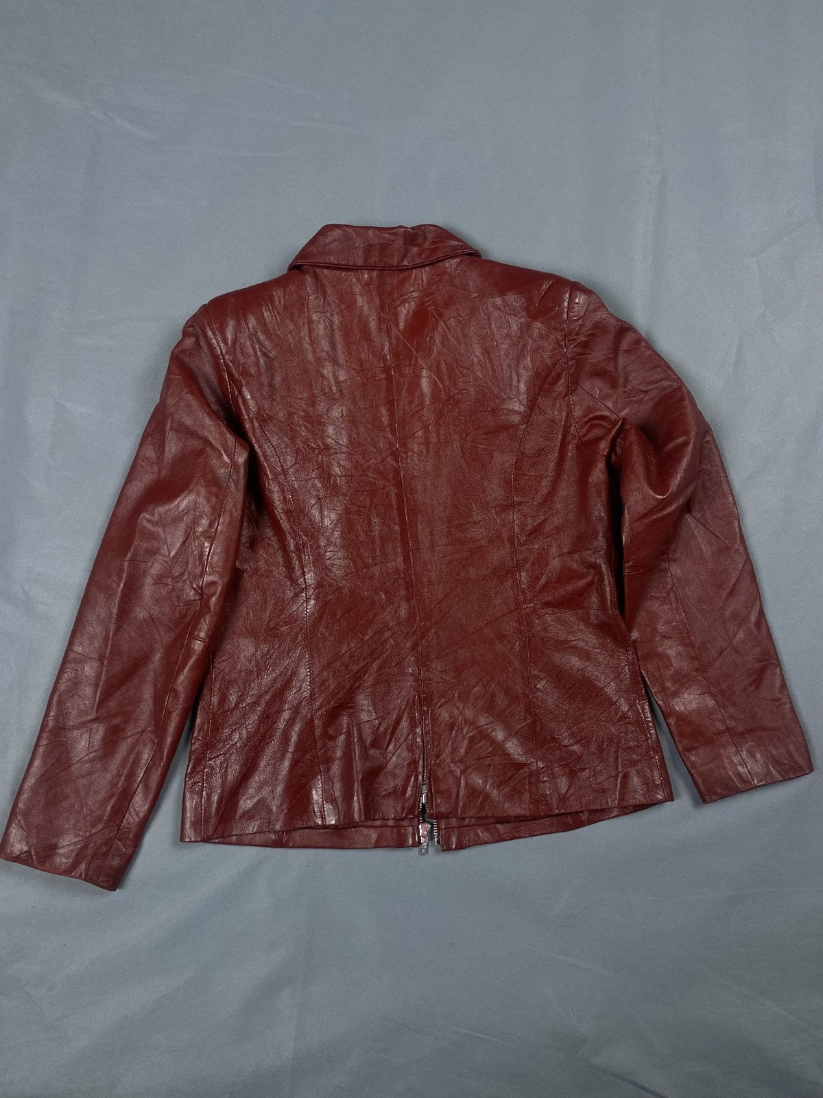 Back of the burgundy leather biker jacket, size S