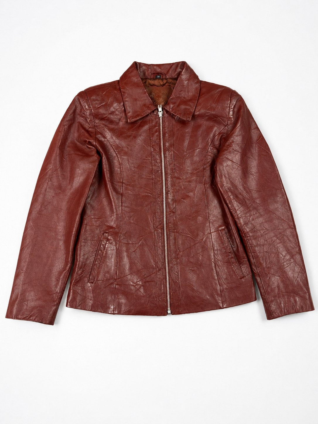 Burgundy leather biker jacket with fitted shirt collar, size S, laid flat