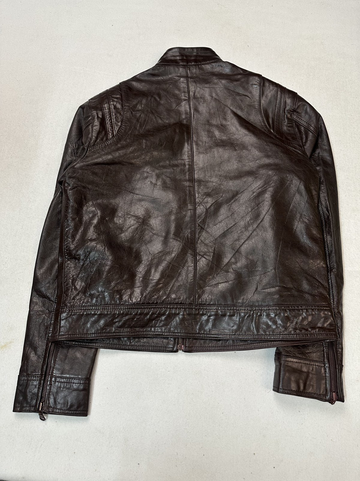 Rear view of the size M burgundy cafe racer leather biker jacket