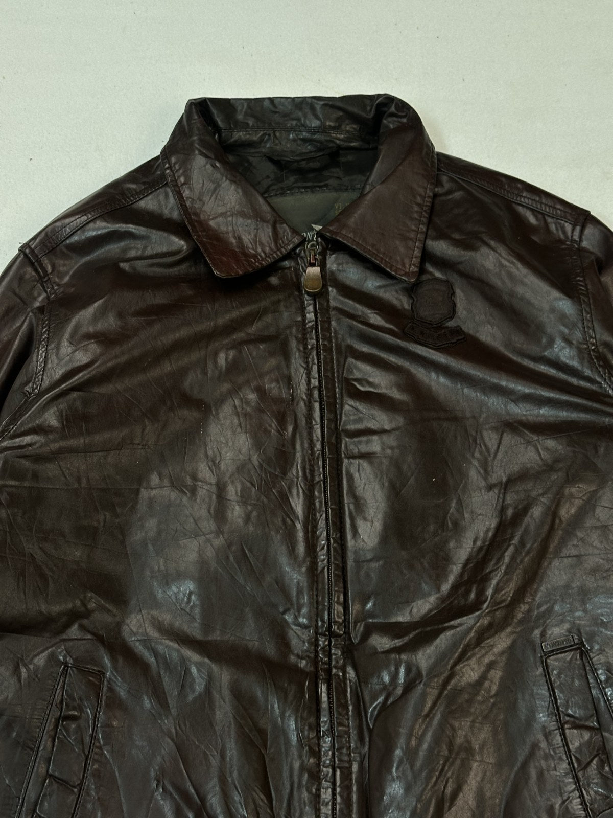 Front of a burgundy leather jacket with a pointed collar and centre zip, upper body filling the frame