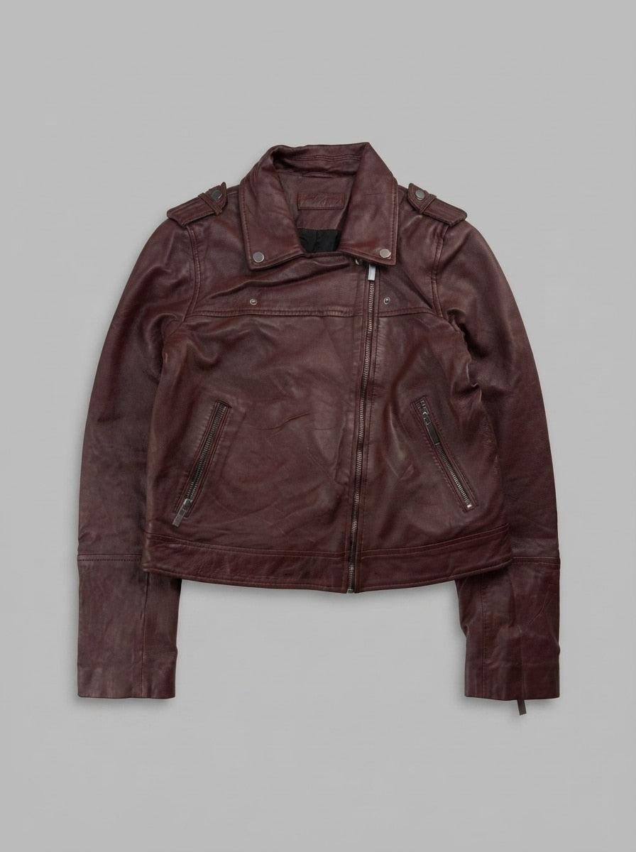 Burgundy leather biker jacket, size S, shown flat from the front. Snap epaulettes.