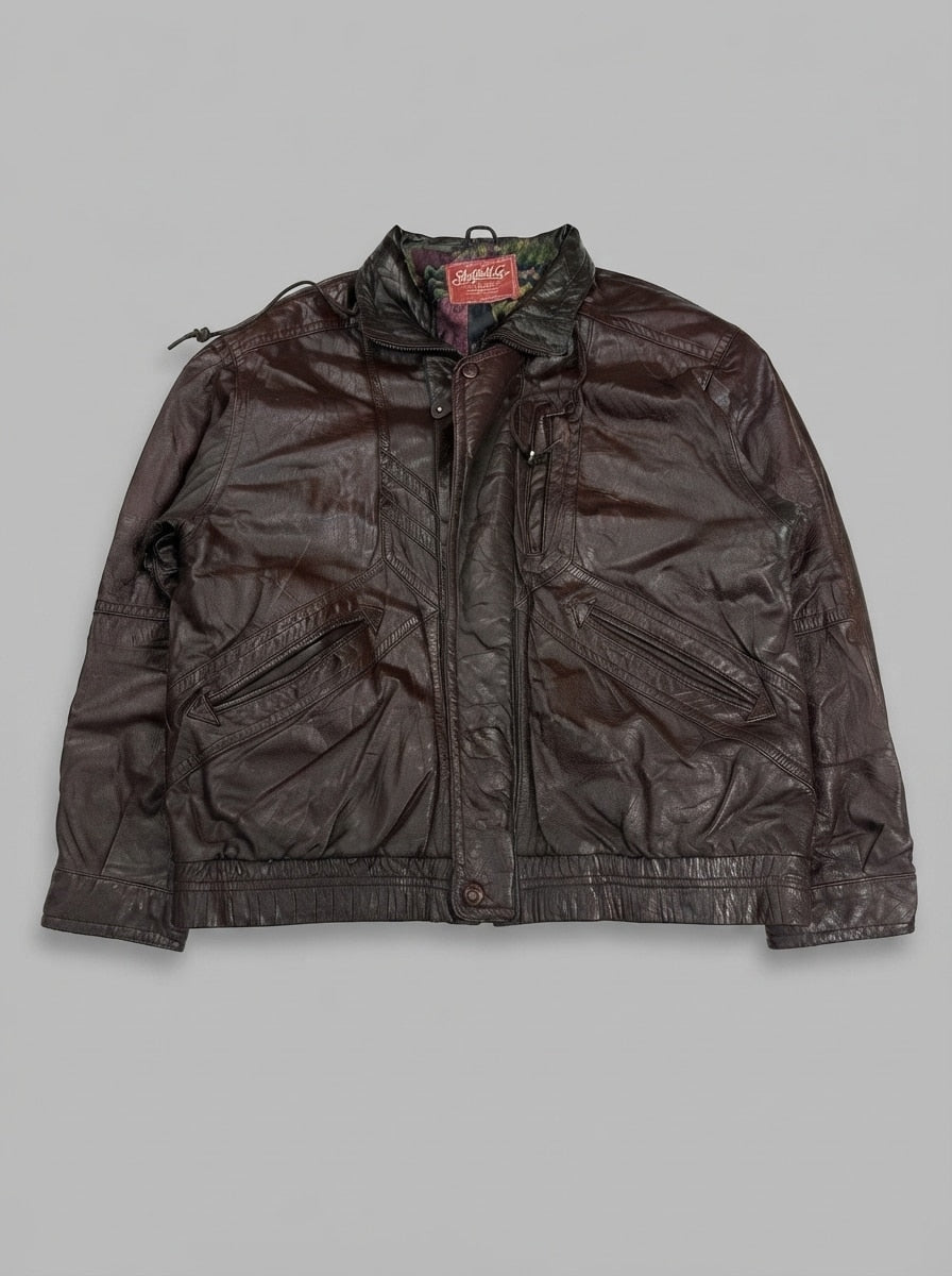 Burgundy leather bomber jacket, size XL, shown flat from the front. Camo lining.