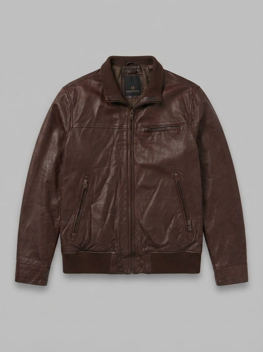 Burgundy leather bomber jacket, size XL, shown flat from the front. Corduroy collar.