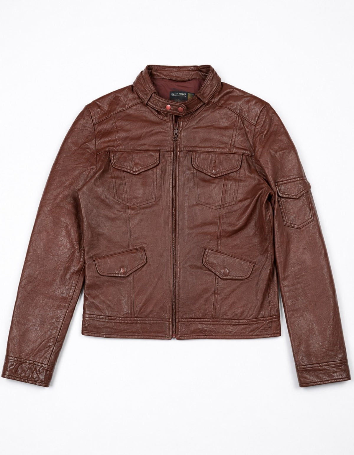 Burgundy leather bomber jacket with four front pockets, size M, laid flat
