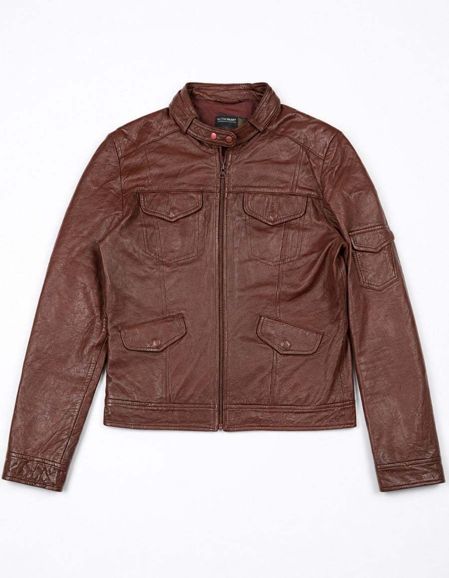 Burgundy leather bomber jacket with four front pockets, size M, laid flat