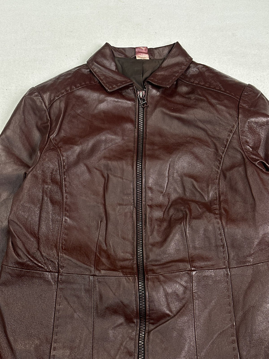 Plain front burgundy leather bomber jacket in size XL, zipped and laid flat