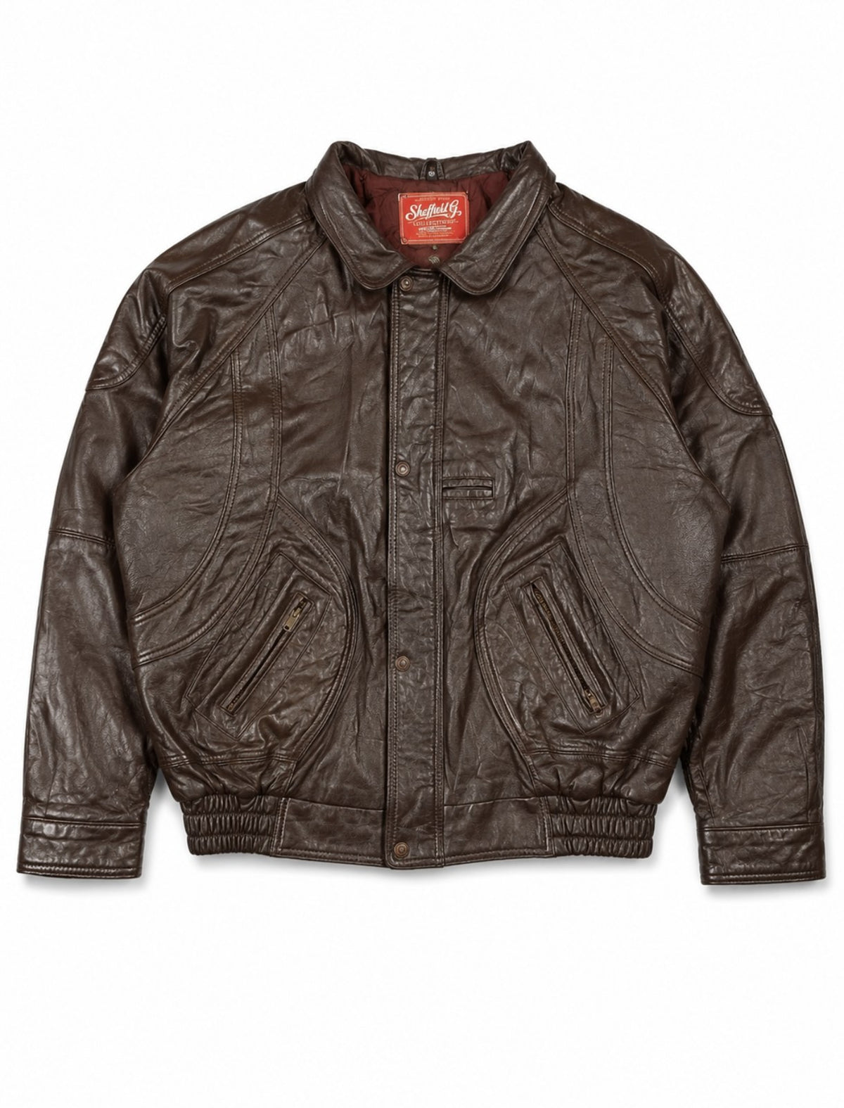 Burgundy leather bomber jacket, size XXL, with band collar laid flat