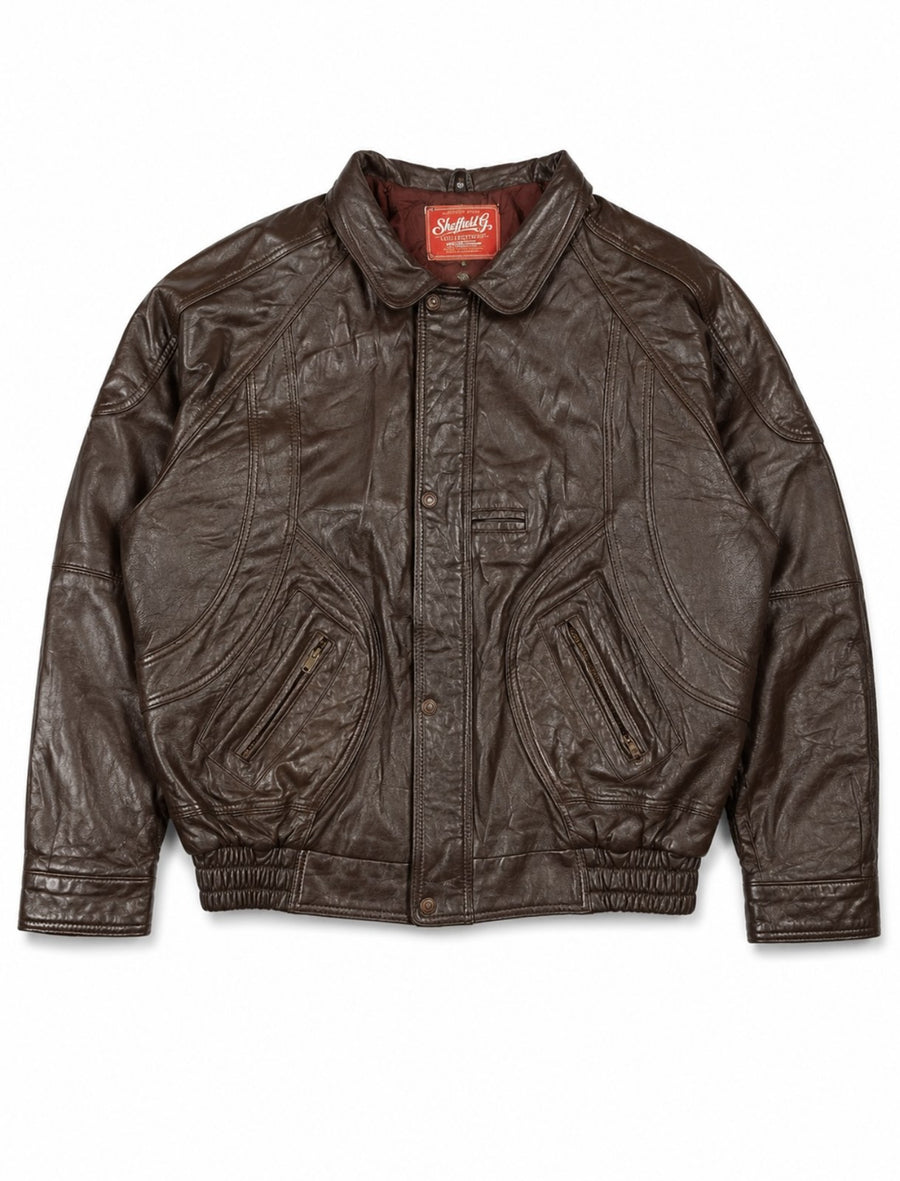 Burgundy leather bomber jacket, size XXL, with band collar laid flat