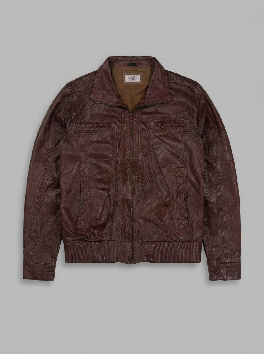Burgundy leather bomber jacket, size L, shown flat from the front. Olive satin lining.