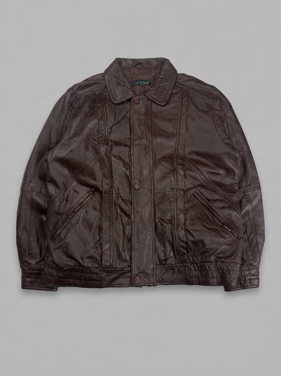 Burgundy leather bomber jacket, size XXL, shown flat from the front. Stud collar.