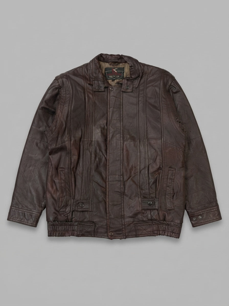 Burgundy leather bomber jacket, size L, shown flat from the front. Twin pocket.