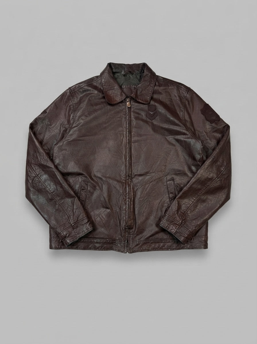 Burgundy leather bomber jacket, size XL, shown flat from the front. Wide collar.