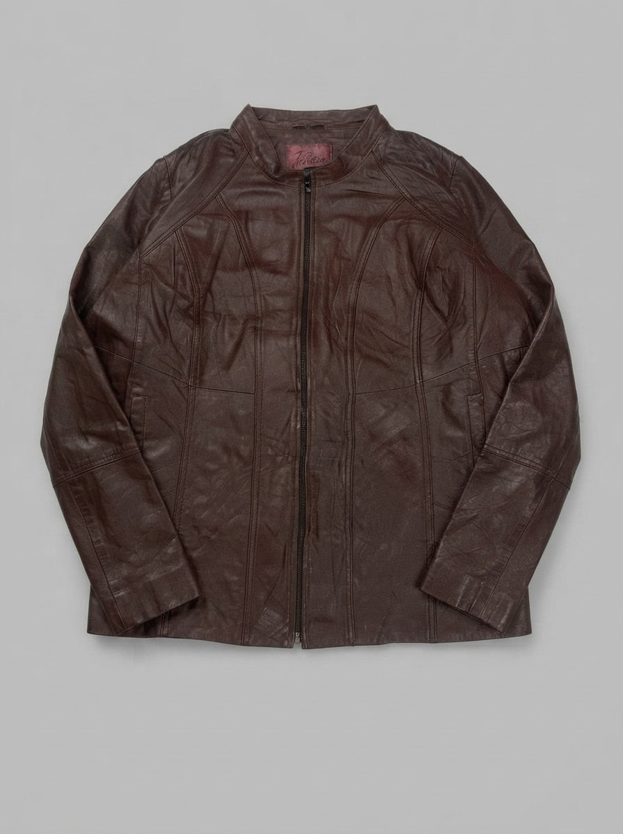 Burgundy leather cafe racer jacket, size L, shown flat from the front. Black quilted lining.