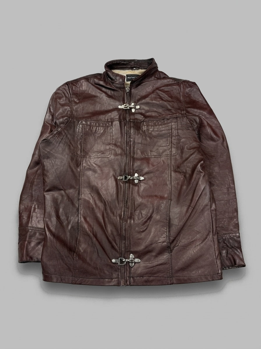 Burgundy leather cafe racer jacket, size L, shown flat from the front. Brass clasp.