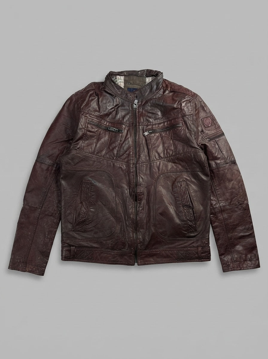 Burgundy leather cafe racer jacket, size L, shown flat from the front. Grey check lining.
