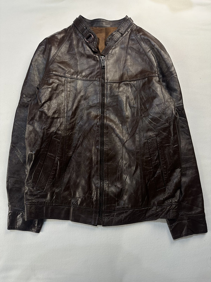 Burgundy leather cafe racer jacket in size L laid flat from the front