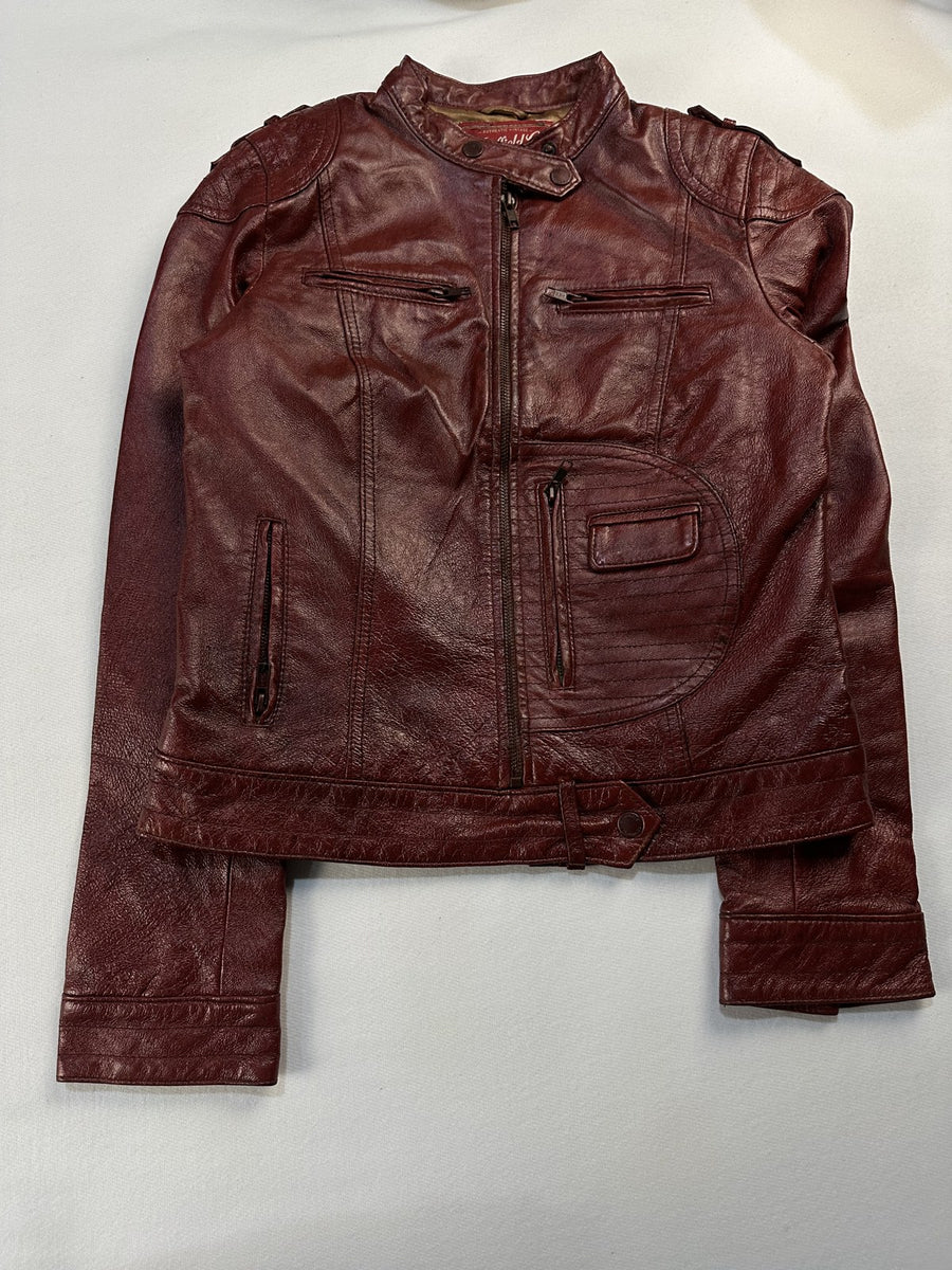 Burgundy leather cafe racer jacket in size XS laid flat from the front