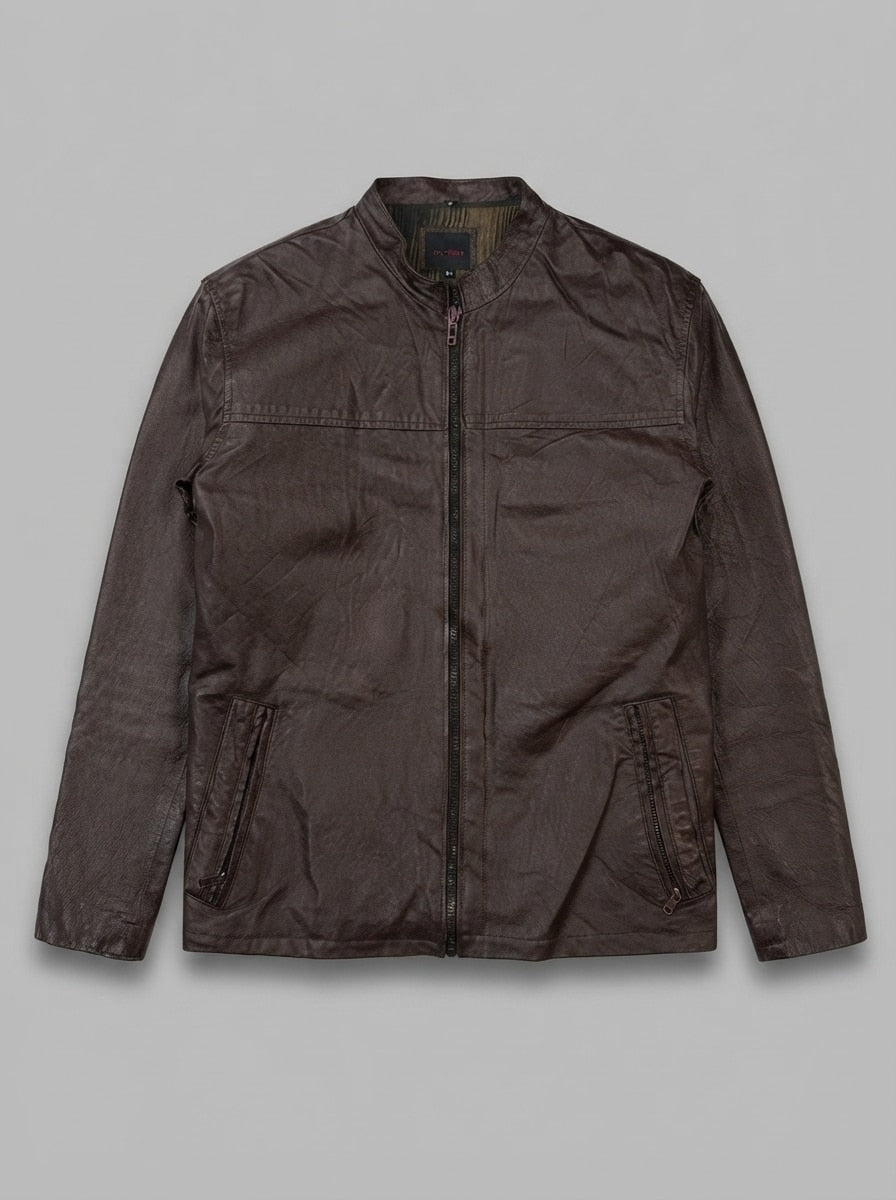 Burgundy leather cafe racer jacket, size L, shown flat from the front. Minimal zip.