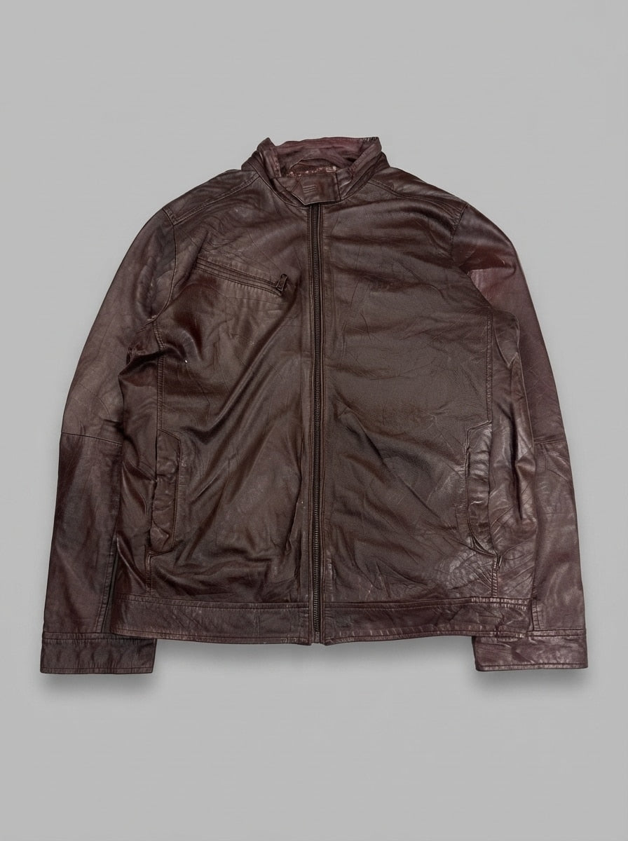 Burgundy leather cafe racer jacket, size XL, shown flat from the front. Navy lining.
