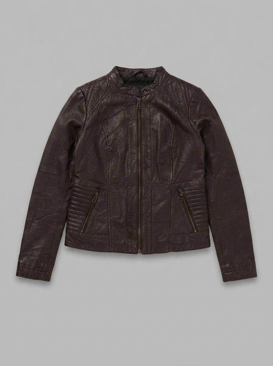 Burgundy leather cafe racer jacket, size S, shown flat from the front. Pintuck panels.
