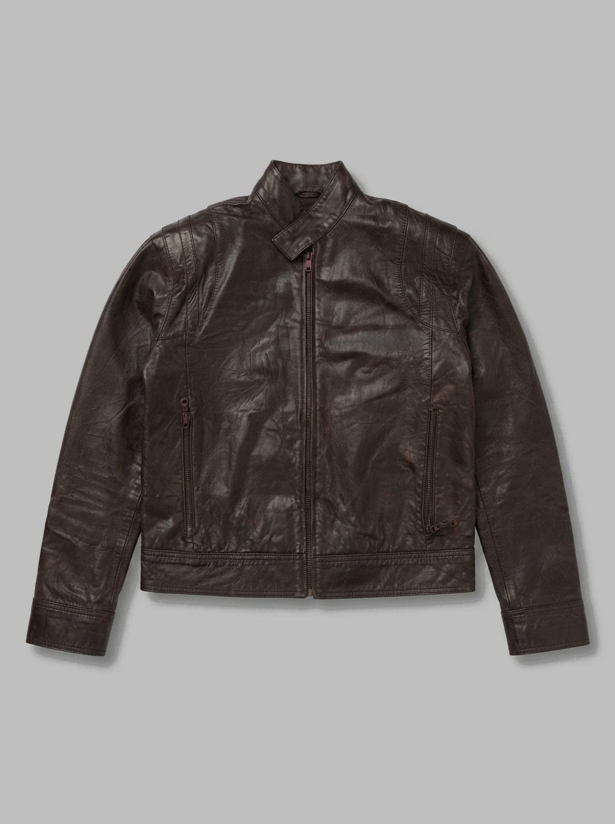 Burgundy leather cafe racer jacket, size M, shown flat from the front. Quilted lining.