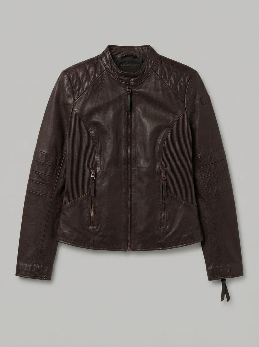 Burgundy leather cafe racer jacket, size S, shown flat from the front. Quilted shoulder.