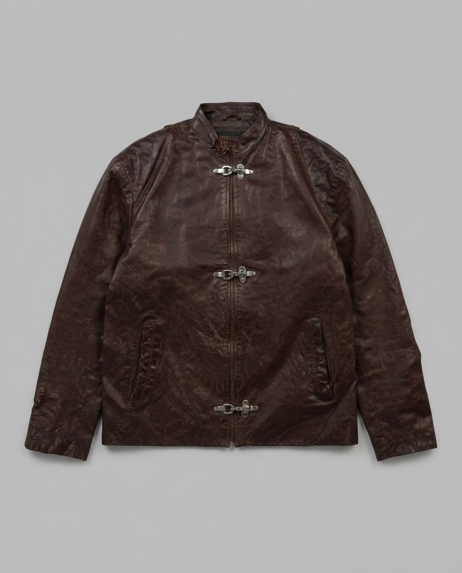 Burgundy leather cafe racer jacket, size L, shown flat from the front. Triple clasp.