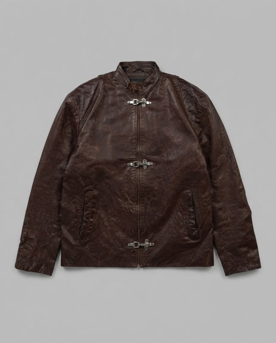 Burgundy leather cafe racer jacket, size L, shown flat from the front. Triple clasp.
