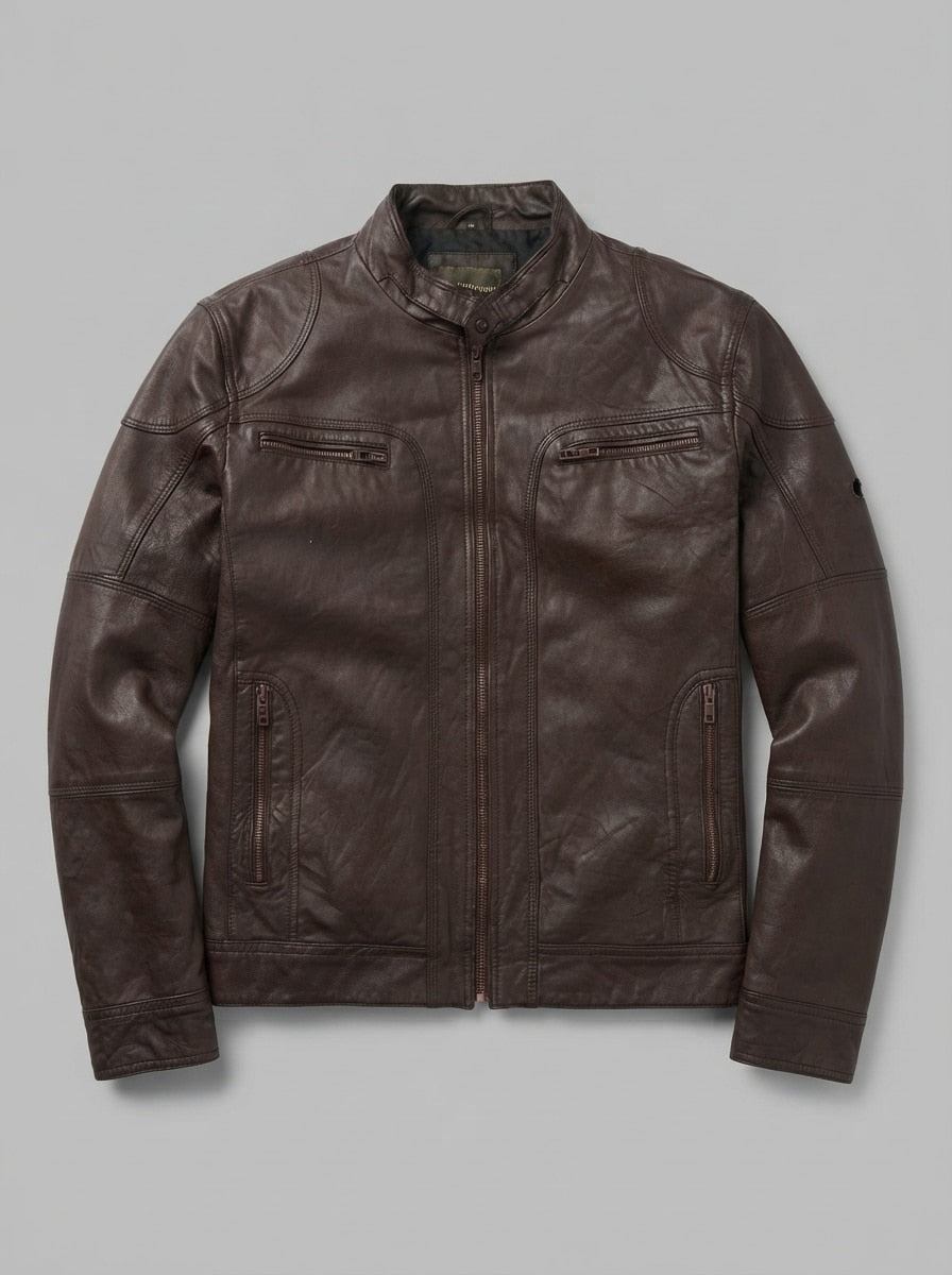 Burgundy leather cafe racer jacket, size XXL, shown flat from the front. Twin zip pockets.