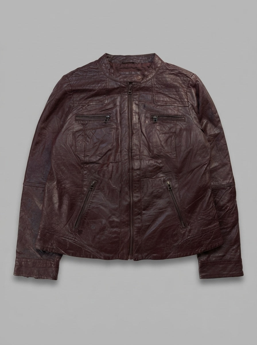 Burgundy leather cafe racer jacket, size S, shown flat from the front. Zipped cuff.