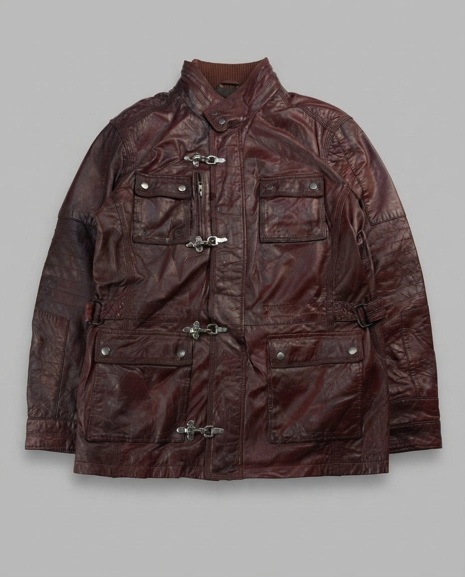 Burgundy leather field jacket, size XL, shown flat from the front. Chrome hook clasp.