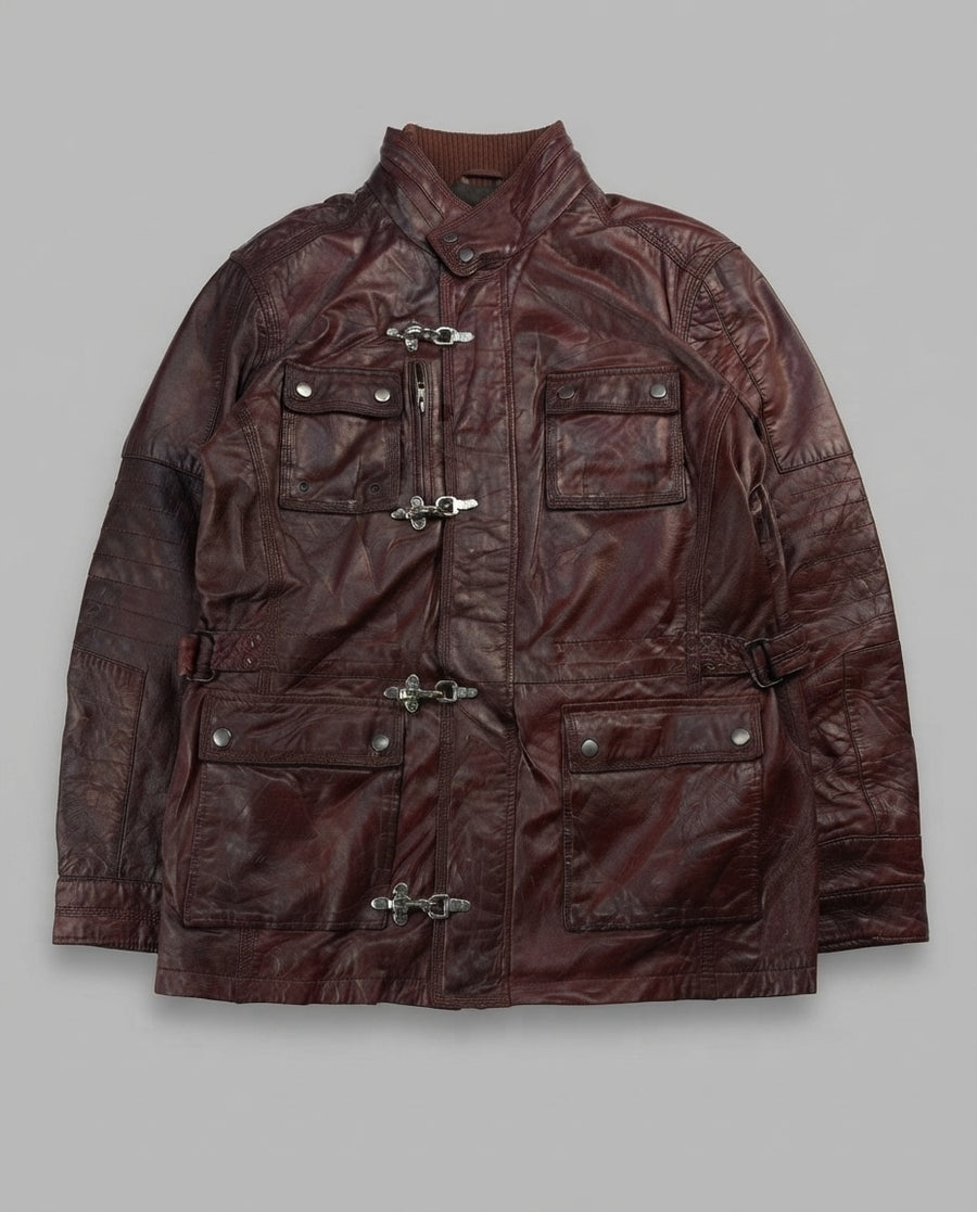 Burgundy leather field jacket, size XL, shown flat from the front. Chrome hook clasp.