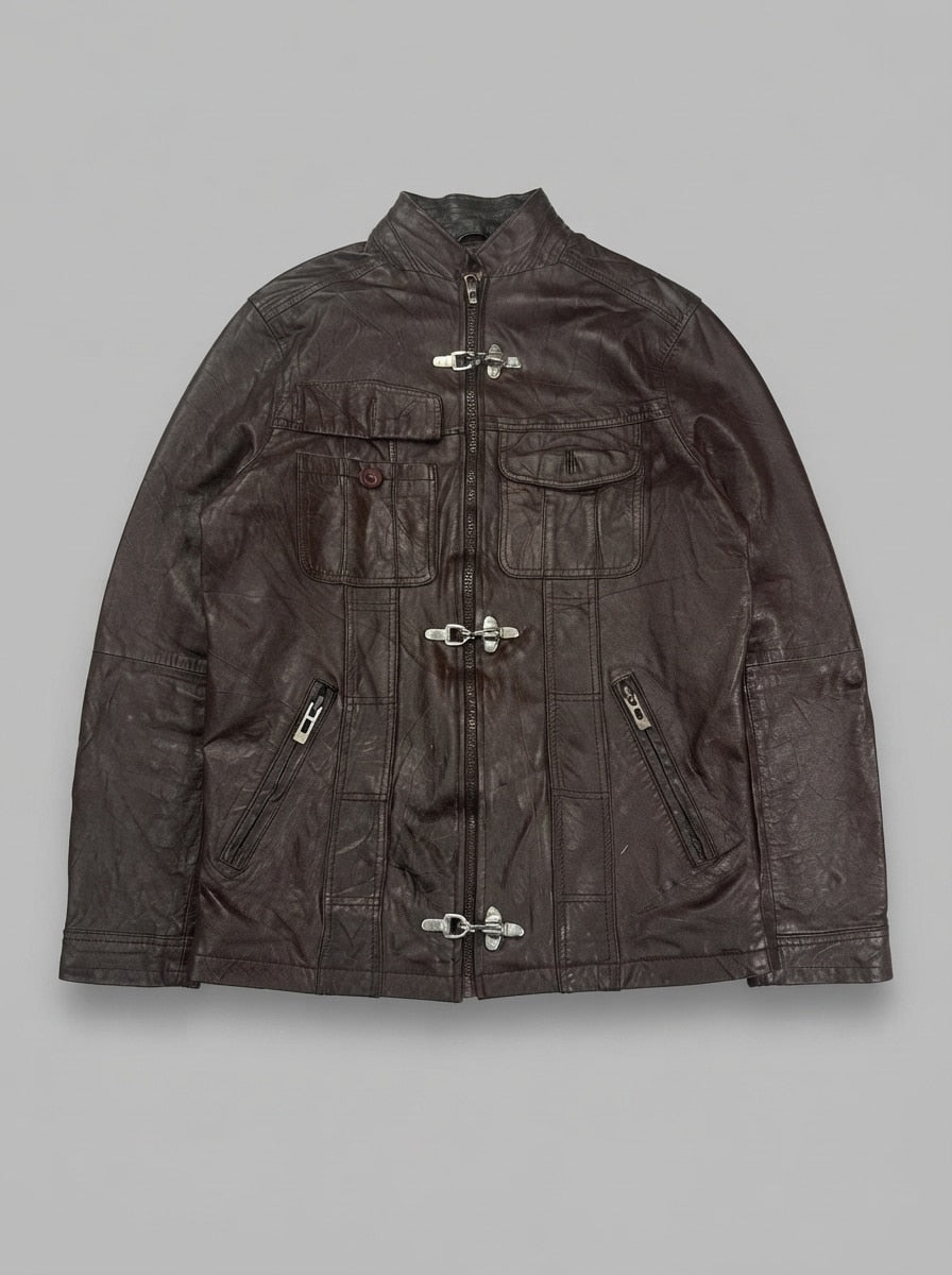 Burgundy leather field jacket, size M, shown flat from the front. Dome stud pocket.