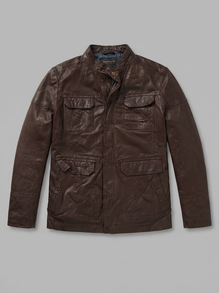 Burgundy leather field jacket, size L, shown flat from the front. Flap pocket.