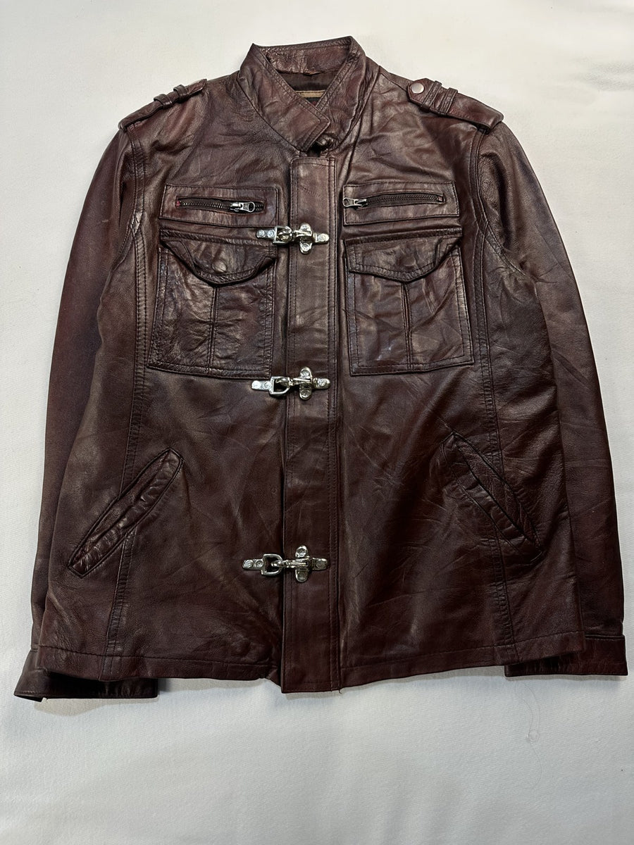 Burgundy leather field jacket in size M laid flat from the front