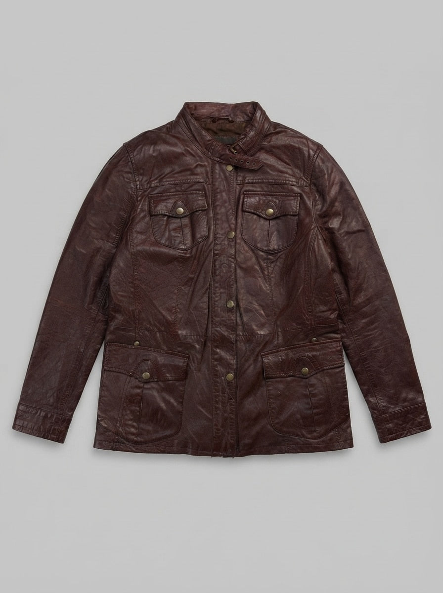Burgundy leather field jacket, size L, shown flat from the front. Throat strap collar.