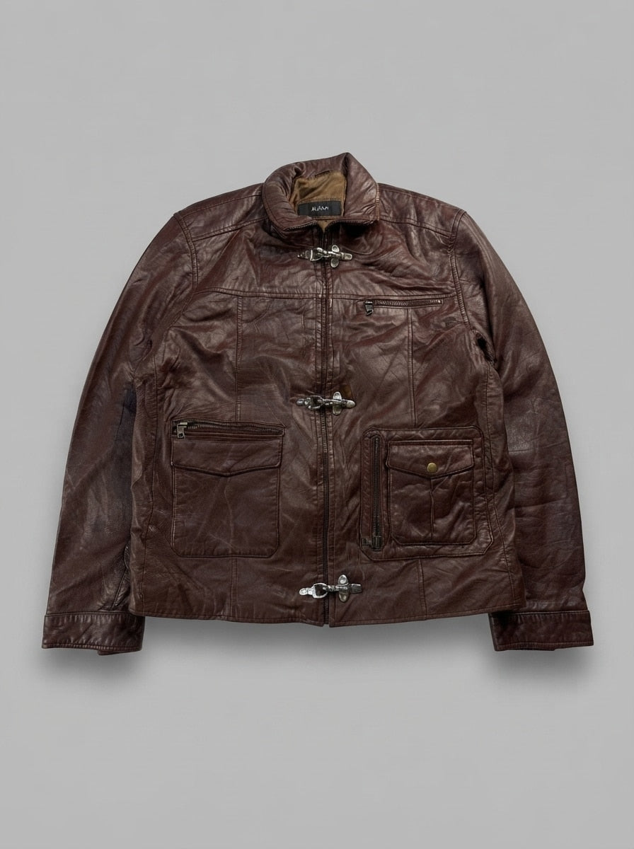 Burgundy leather field jacket, size M, shown flat from the front. Triple clasp front.