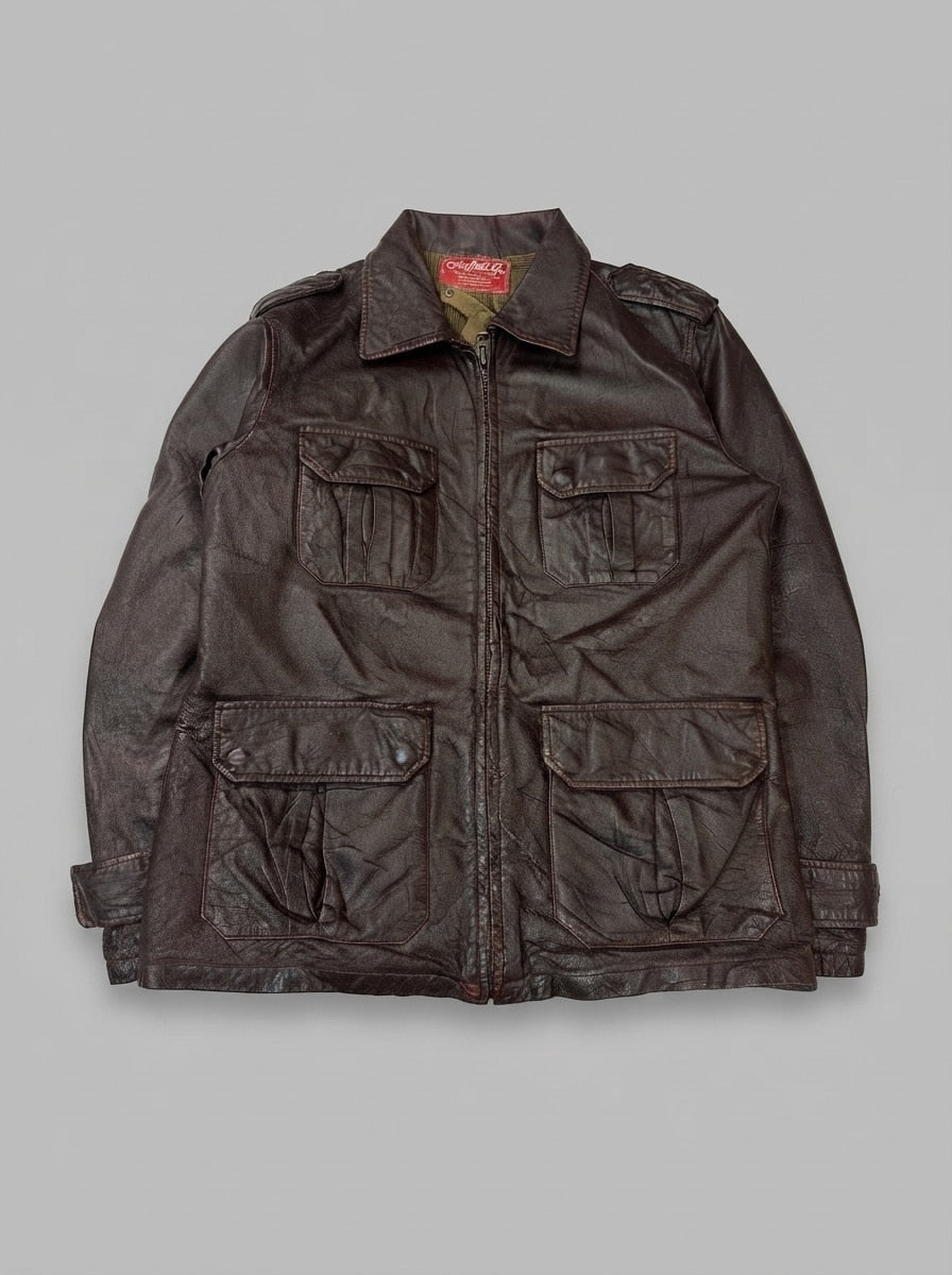 Burgundy leather field jacket, size L, shown flat from the front. Twin chest pocket.
