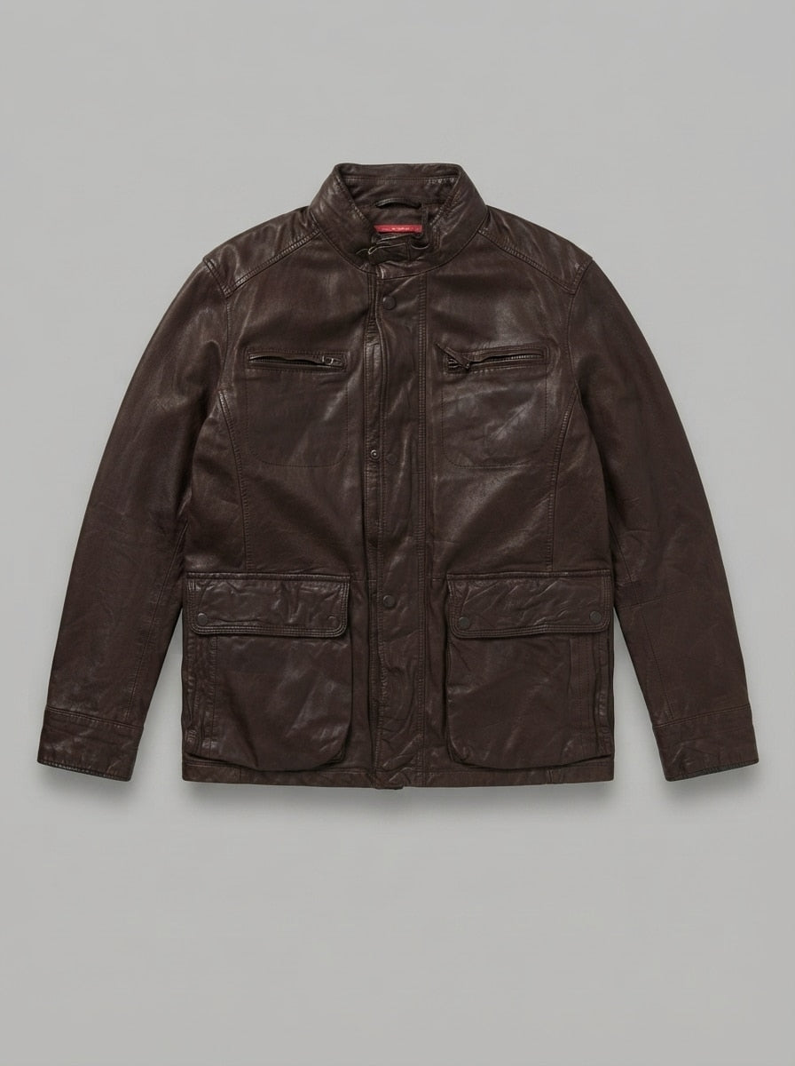 Burgundy leather field jacket, size XL, shown flat from the front. Utility pocket.