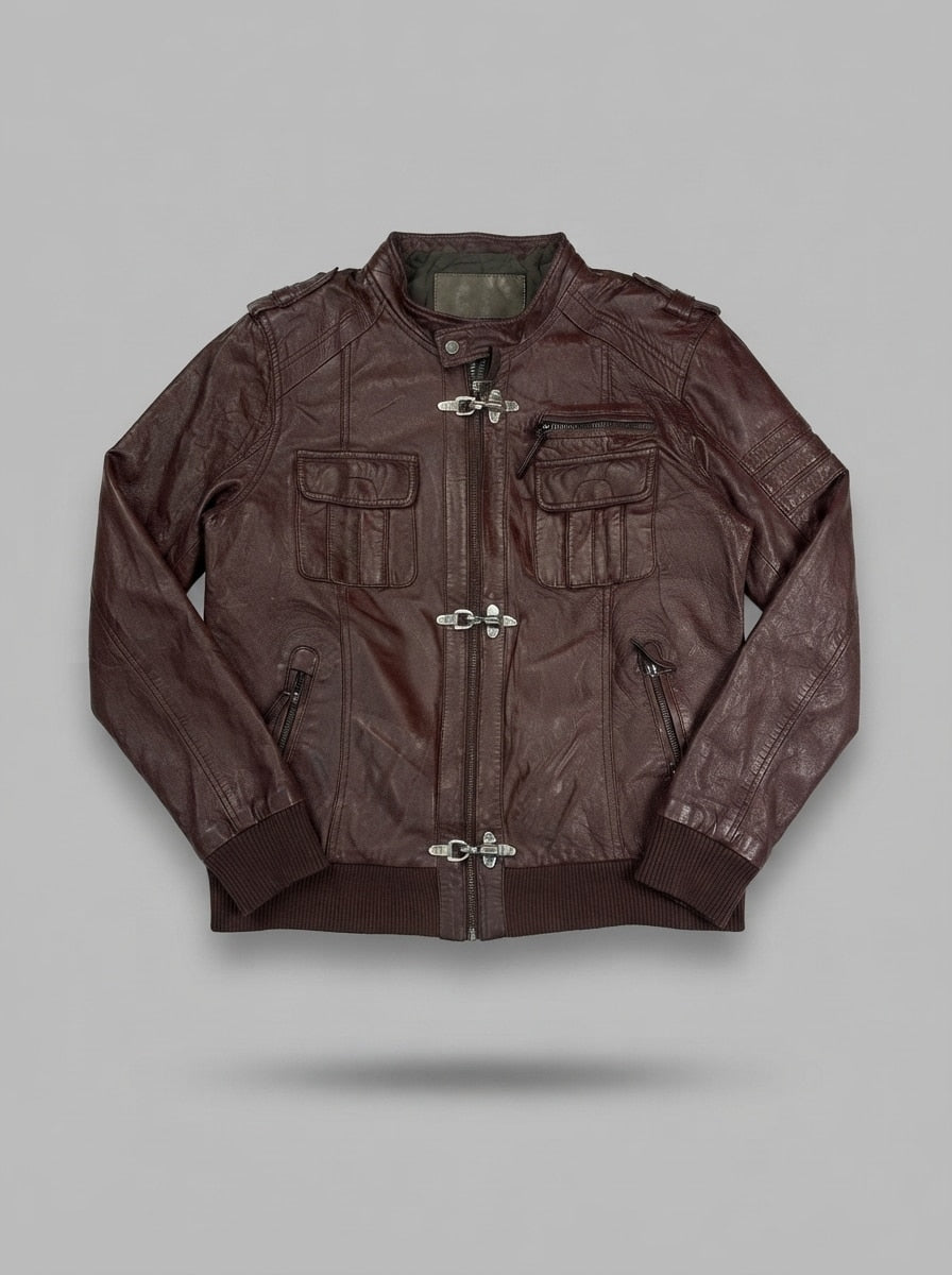 Burgundy leather flight jacket, size L, shown flat from the front. Clasp and rib.
