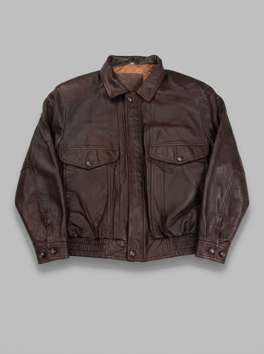 Burgundy leather flight jacket, size XL, shown flat from the front. Copper lining.