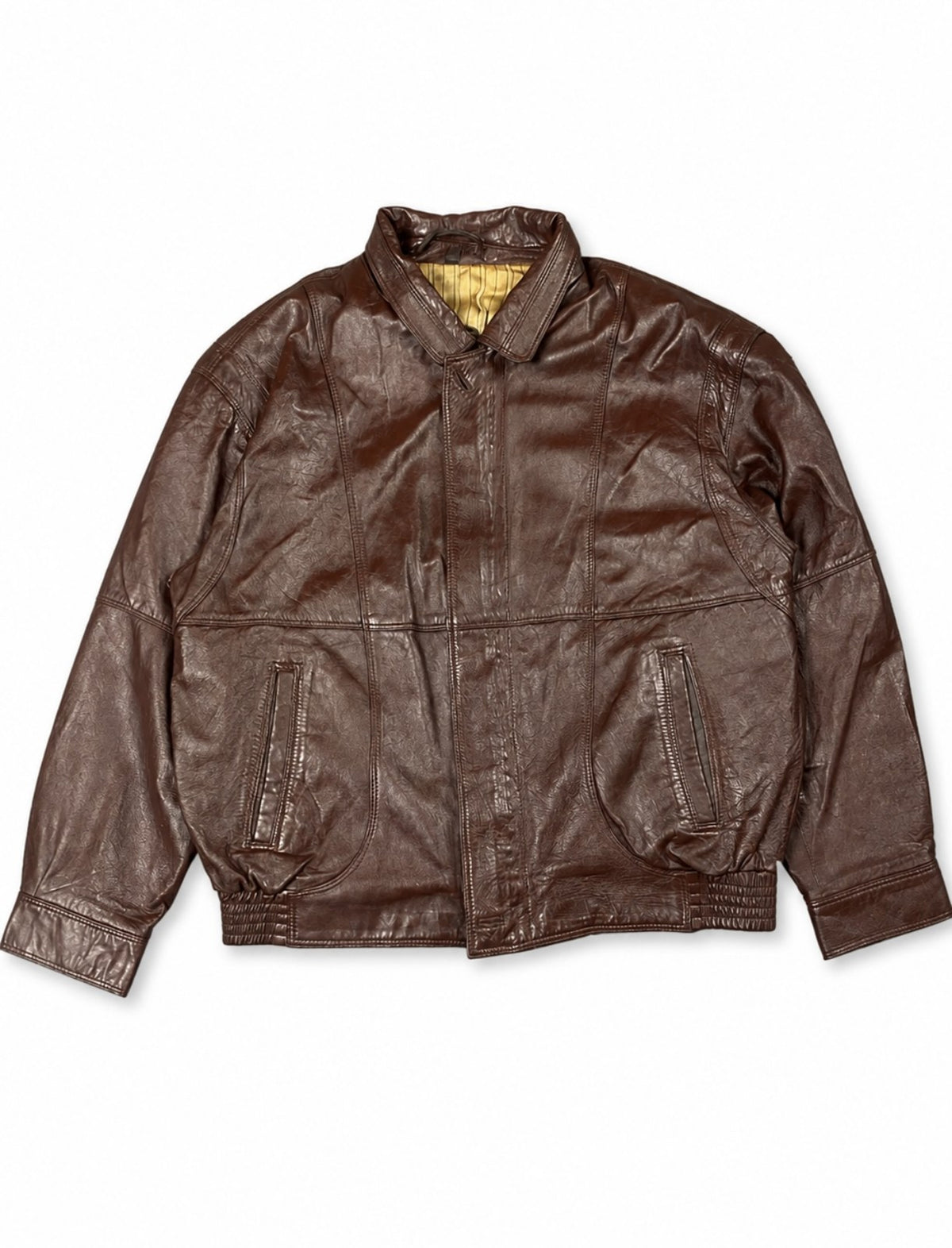 Burgundy leather flight jacket in size XL with shirt collar, shown flat