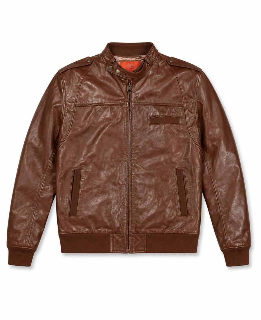 Burgundy leather flight jacket, size M, with knitted rib hem laid flat