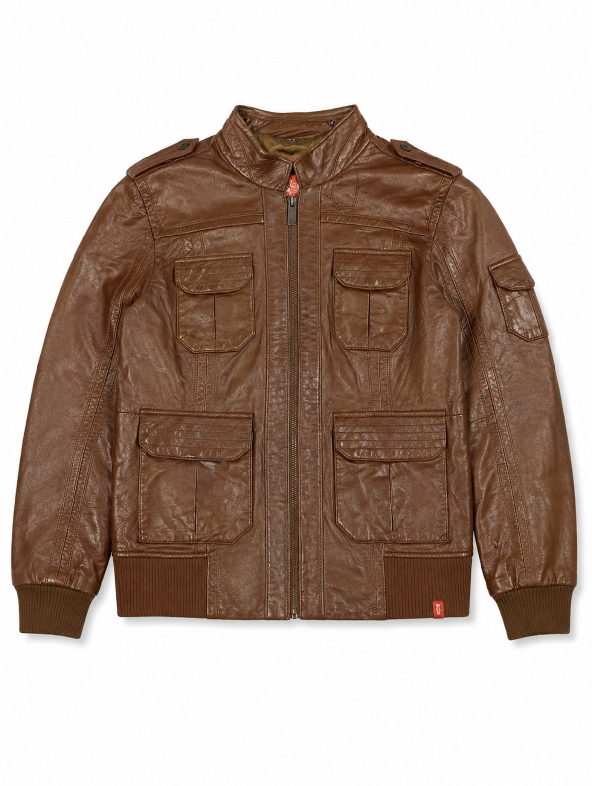 Burgundy leather flight jacket with four patch pockets, size S, laid flat